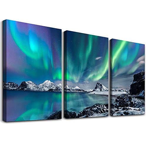 Farmhouse Canvas Wall Art For Bedroom Wall Decorations For Living Room Office Wall Decor Aurora Scenery Painting On Stretched And Framed Wall Pictures 3 Piece Ready To Hang For Bathroom Home Decor