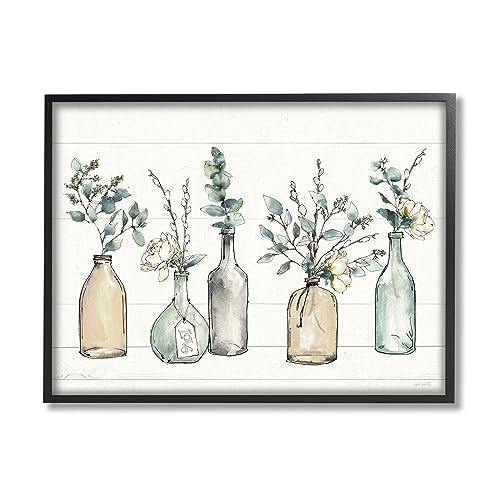 Stupell Industries Bottles and Plants Farm Wood Textured, Design by Anne Tavoletti Wall Art, 11 x 14, Multi-Color, Black Framed