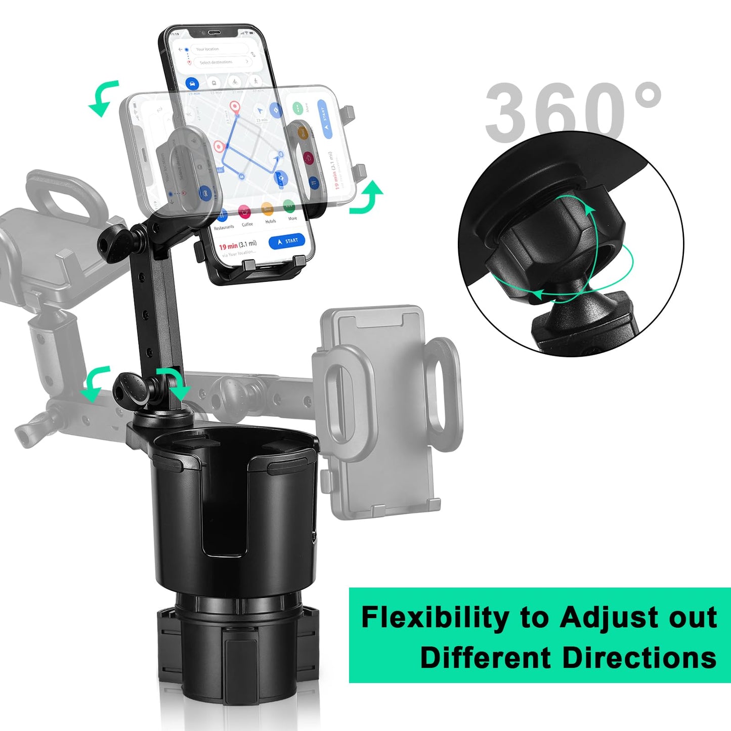 Car Cup Holder Expander Adjustable Base with Phone Mount THIS HILL 360° Rotation Cup Holder Cell Phone Holder for Car Compatible with iPhone All Smartphones