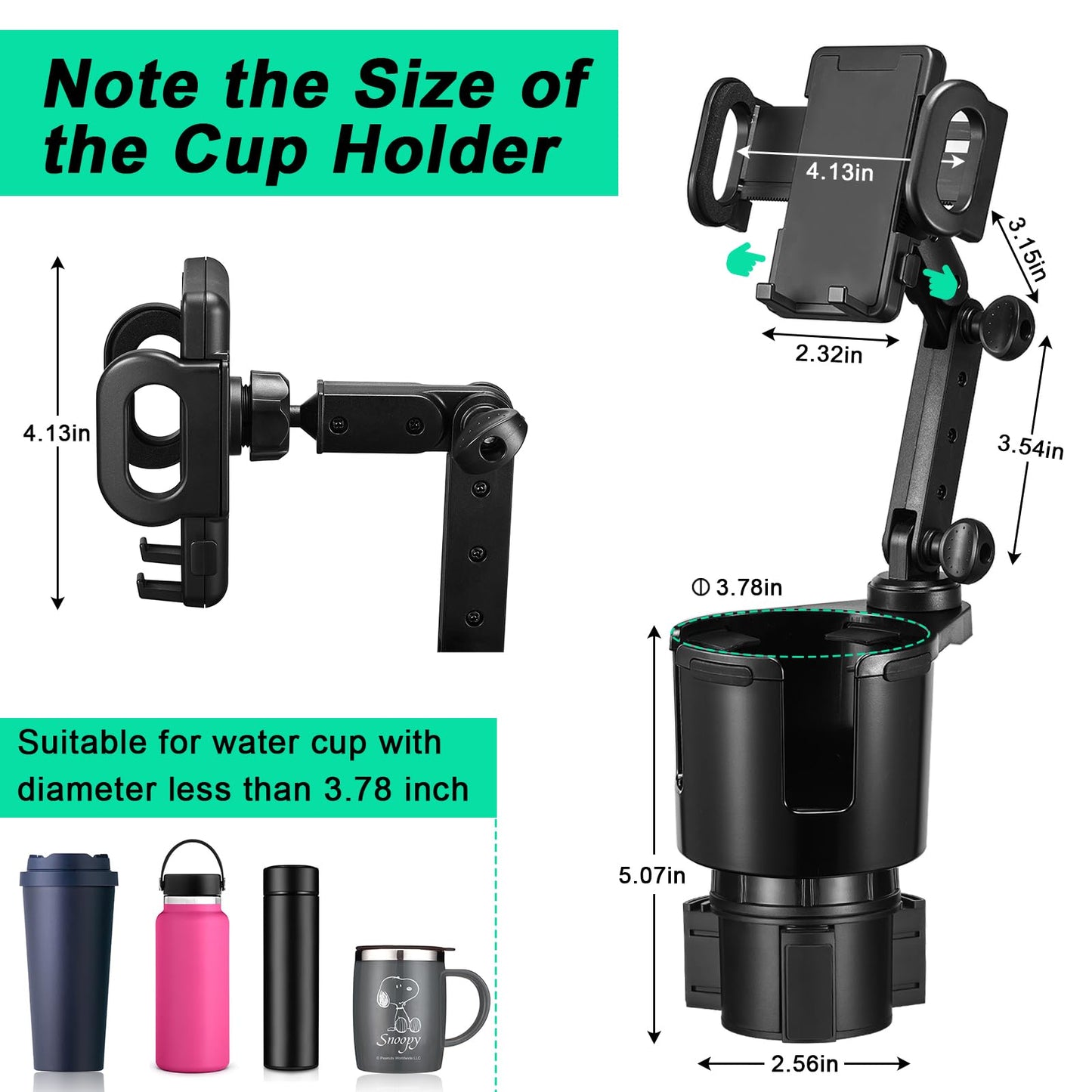 Car Cup Holder Expander Adjustable Base with Phone Mount THIS HILL 360° Rotation Cup Holder Cell Phone Holder for Car Compatible with iPhone All Smartphones