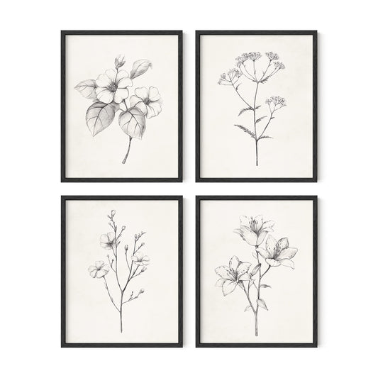 HAUS AND HUES Grey Floral Wall Art - Set of 4 Plant Posters for Wall Vintage, Botanical Prints, Black and White Flower Pictures for Room Aesthetic, Farmhouse Bathroom, Rustic Art (11x14, UNFRAMED)