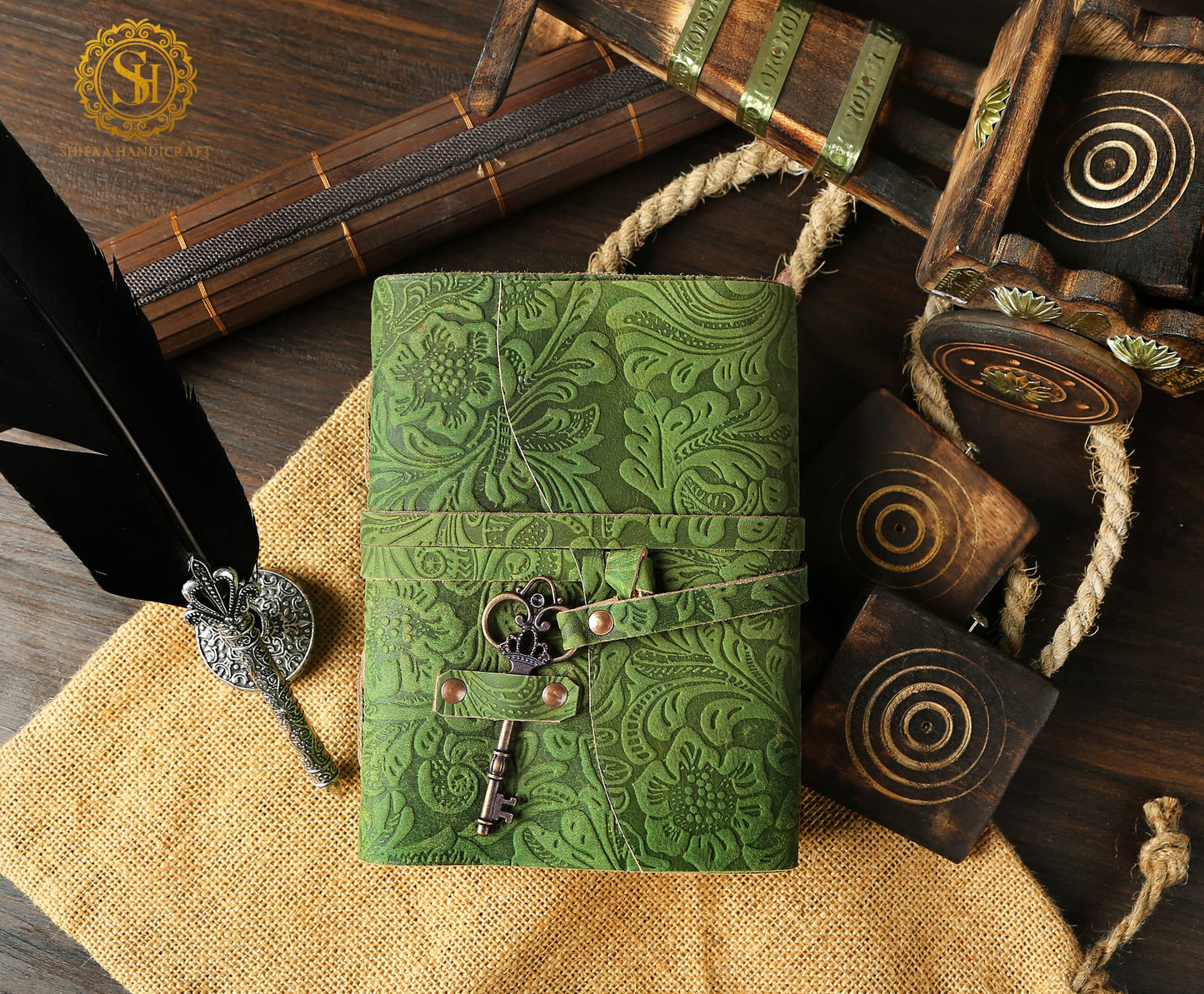 SH SHIFAA HANDICRAFT Leather Journal - Antique Handmade Deckle Edge Vintage Paper Leather Bound Journal - Book of Shadows Journal - Leather Sketchbook - Drawing Journal - Great Gift (Green) (13x10)