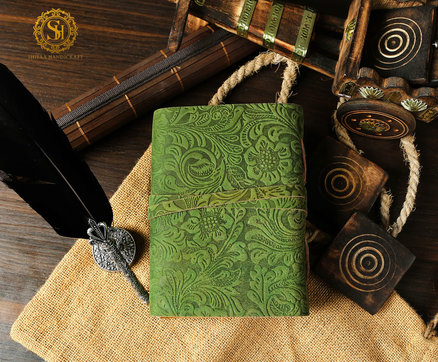 SH SHIFAA HANDICRAFT Leather Journal - Antique Handmade Deckle Edge Vintage Paper Leather Bound Journal - Book of Shadows Journal - Leather Sketchbook - Drawing Journal - Great Gift (Green) (13x10)