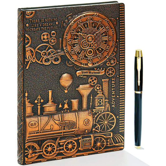 Vintage Train Embossed Leather Writing Journal Notebook with Pen Set,Antique Handmade Daily Notepad Sketchbook,Travel Diary Notebooks to Write in,Gift for Men Women (A5(8.4"*5.7"), RedBronze)