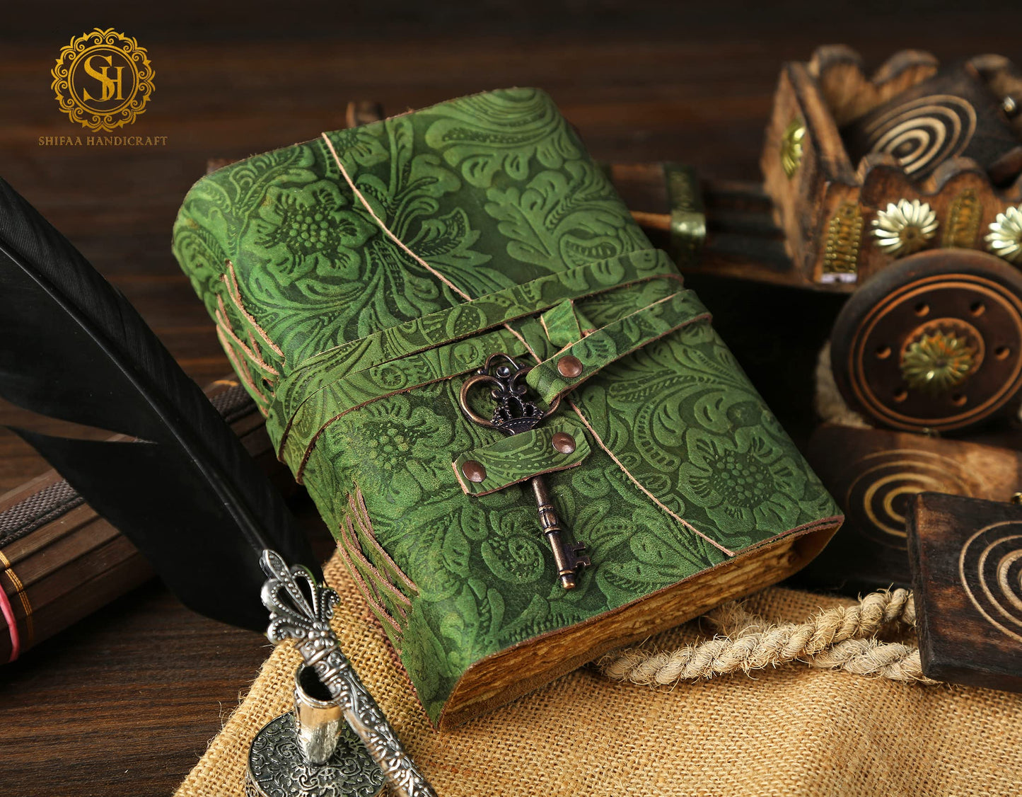 SH SHIFAA HANDICRAFT Leather Journal - Antique Handmade Deckle Edge Vintage Paper Leather Bound Journal - Book of Shadows Journal - Leather Sketchbook - Drawing Journal - Great Gift (Green) (13x10)